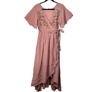 Wren Ivory Romanticcore Pink High Low Wrap Dress Floral Embroidery Long Sleeve L